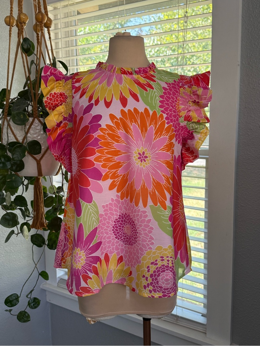 J. Marie Floral Ruffle Sleeve Women’s Top Vibrant Colorful